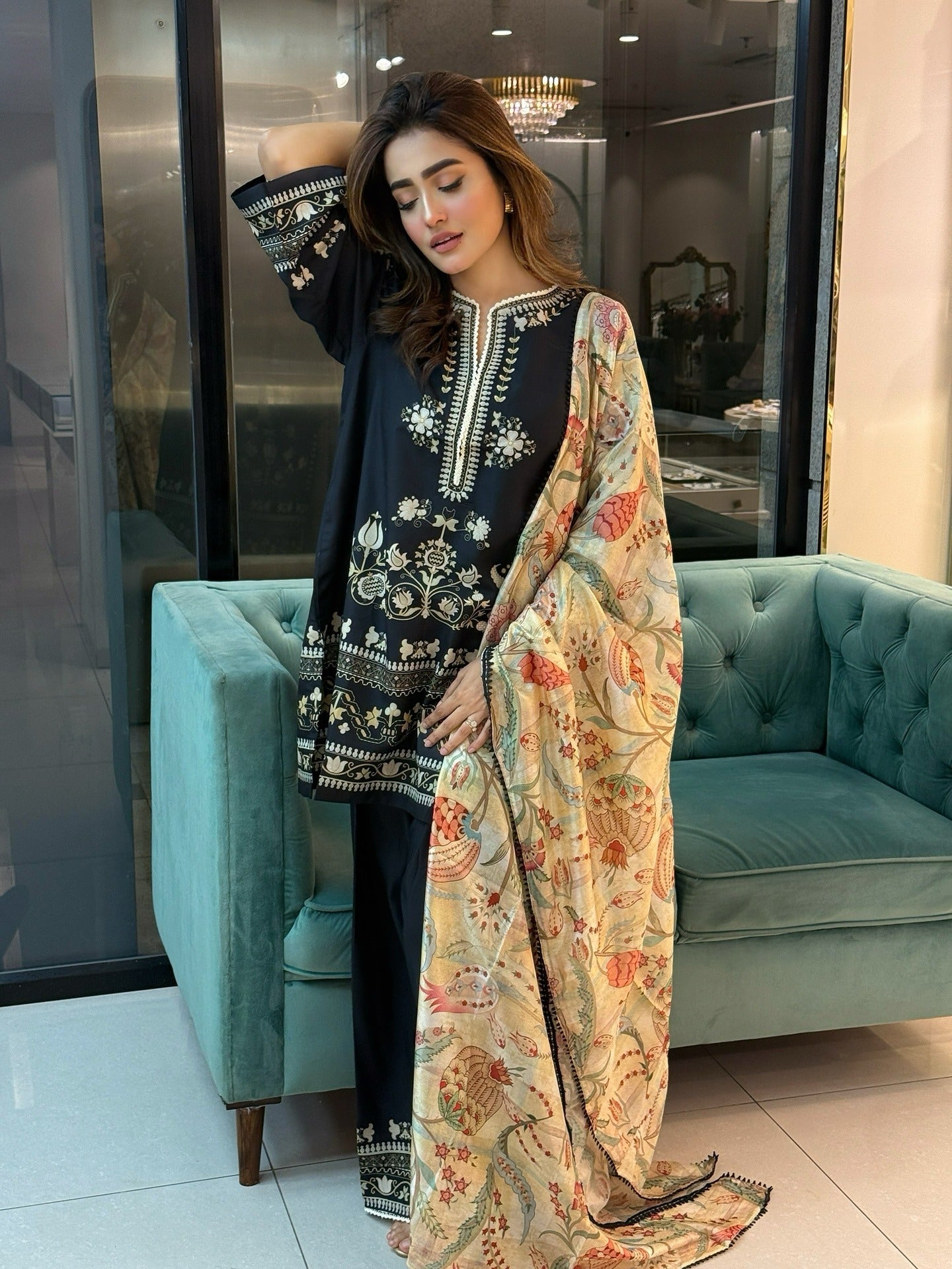 BLACK ELEGANCE 3 pc turkish cord set with soft organza dupatta