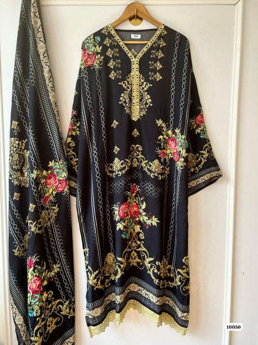 Pure muslin semi stitched shirt printed with beautiful laces & mirror works