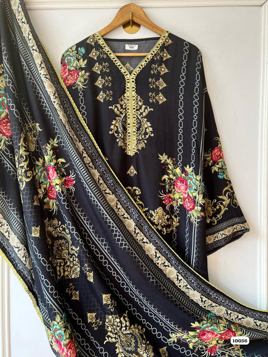 Pure muslin semi stitched shirt printed with beautiful laces & mirror works