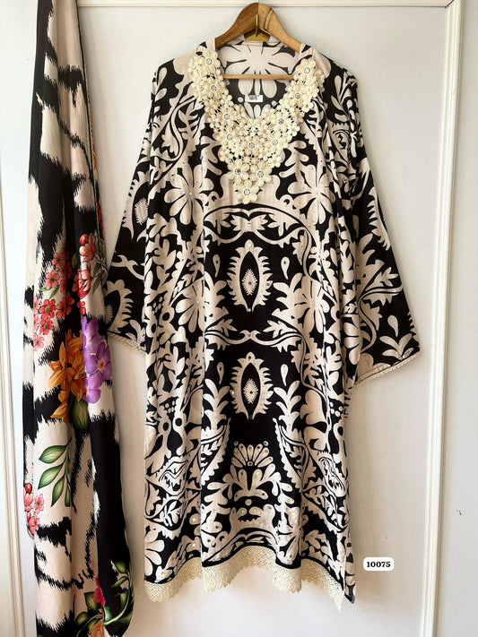 Pure muslin semi stitched shirt with beautiful digital print with crocia laces and mirror works