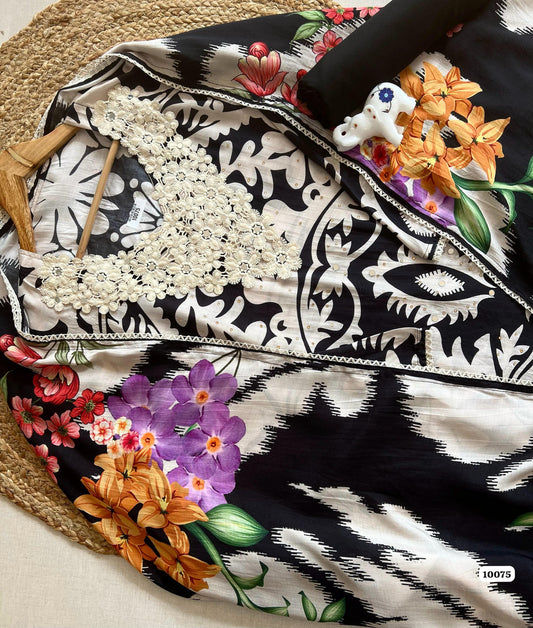 Pure muslin semi stitched shirt with beautiful digital print with crocia laces and mirror works