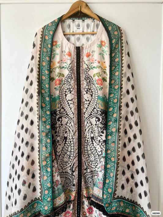 Pure muslin semi stitched shirt with beautiful paksitani print with stone mirror & crocia laces work