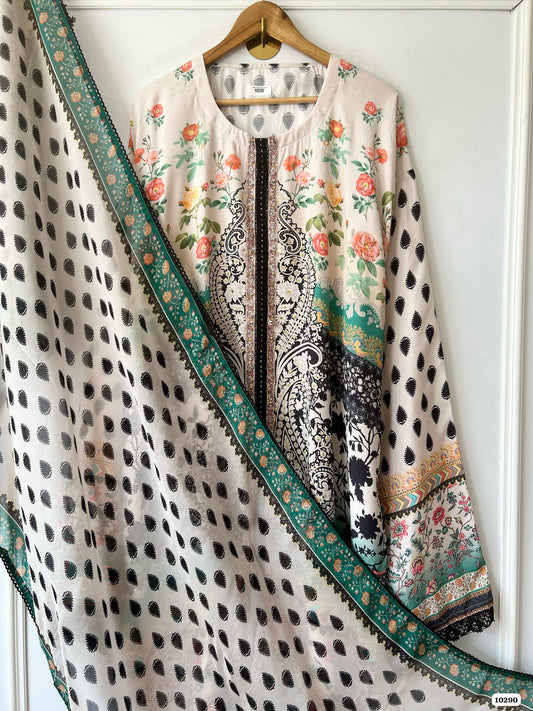 Pure muslin semi stitched shirt with beautiful paksitani print with stone mirror & crocia laces work