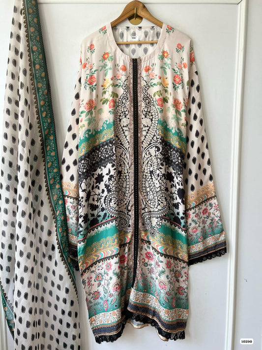 Pure muslin semi stitched shirt with beautiful paksitani print with stone mirror & crocia laces work