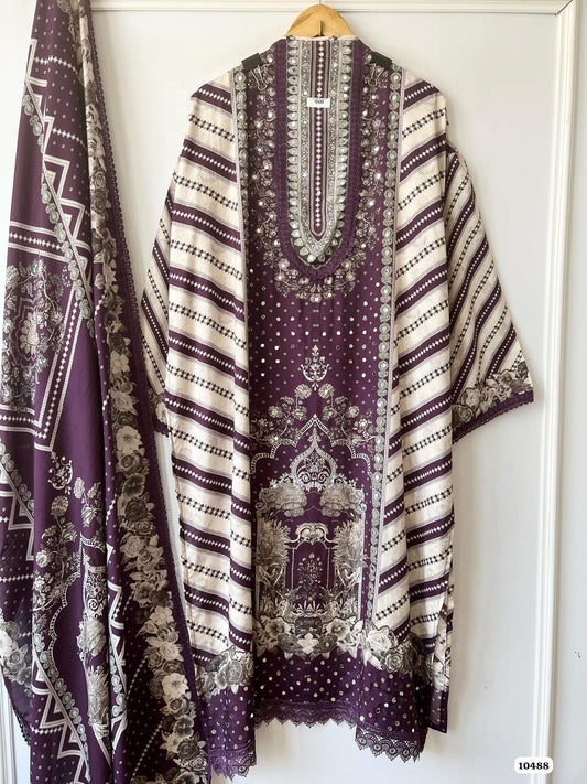 Pure muslin Pakistani printed semi stitch shirt with beautiful laces & mirror works