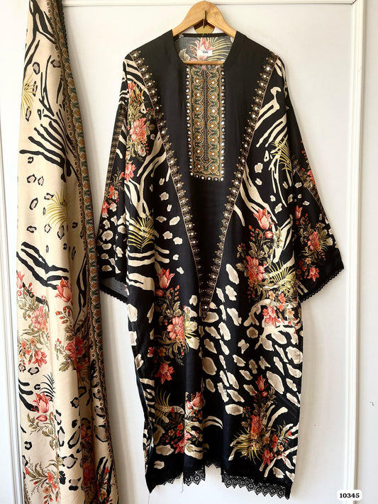 Pure muslin semi stitched shirt with beautiful Pakistani print with laces & mirror work