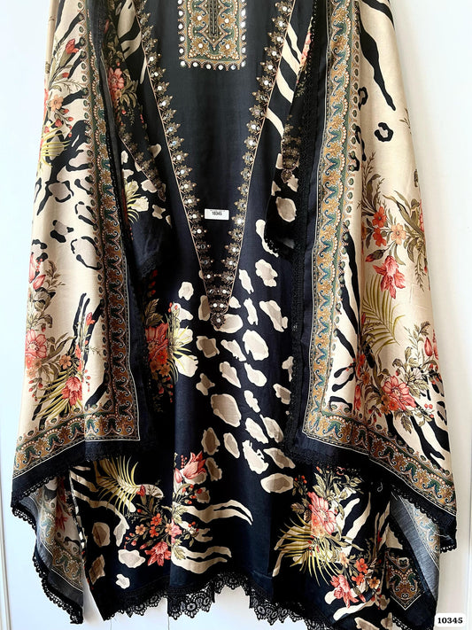 Pure muslin semi stitched shirt with beautiful Pakistani print with laces & mirror work