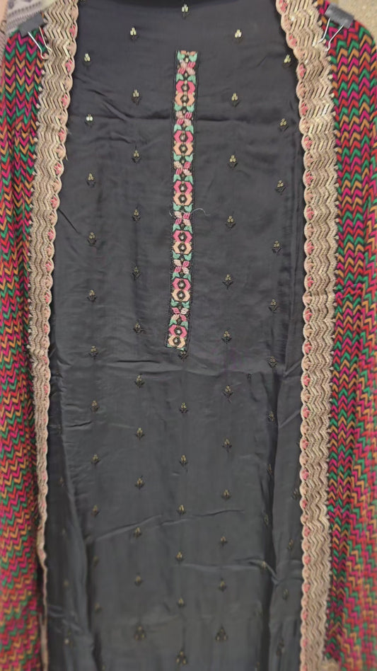BLACK EMBROIDERED 3 PC UNSTITCHED SET WITH MULI COLOR DUPATTA