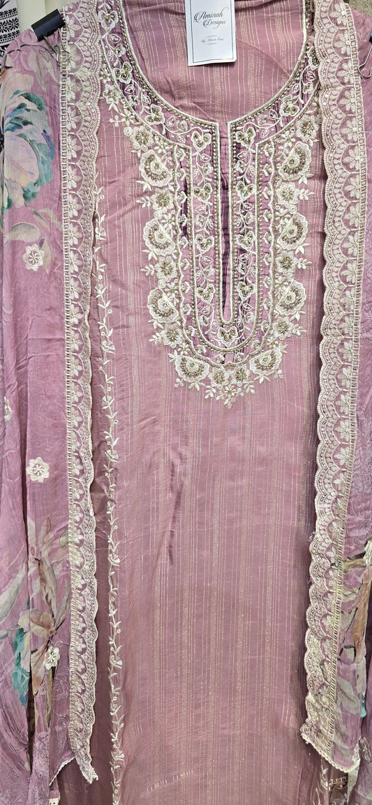 PINK COLOR 3 PC SEMI STITCHED DRESS WITH HEAVY EMBROIDERY ON TOP AND DUPATTA