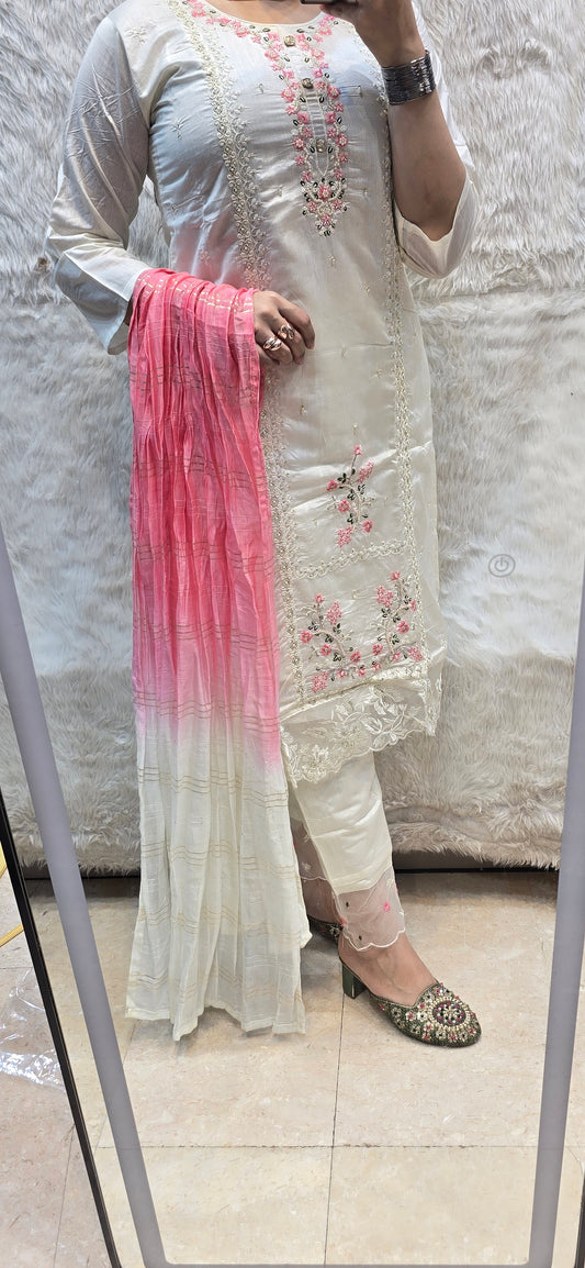 WHITE ELEGANT 3 PC SET WITH SHADED DUPATTA
