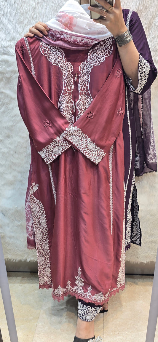 3 pc pure giza cotton embroidered set with dupatta