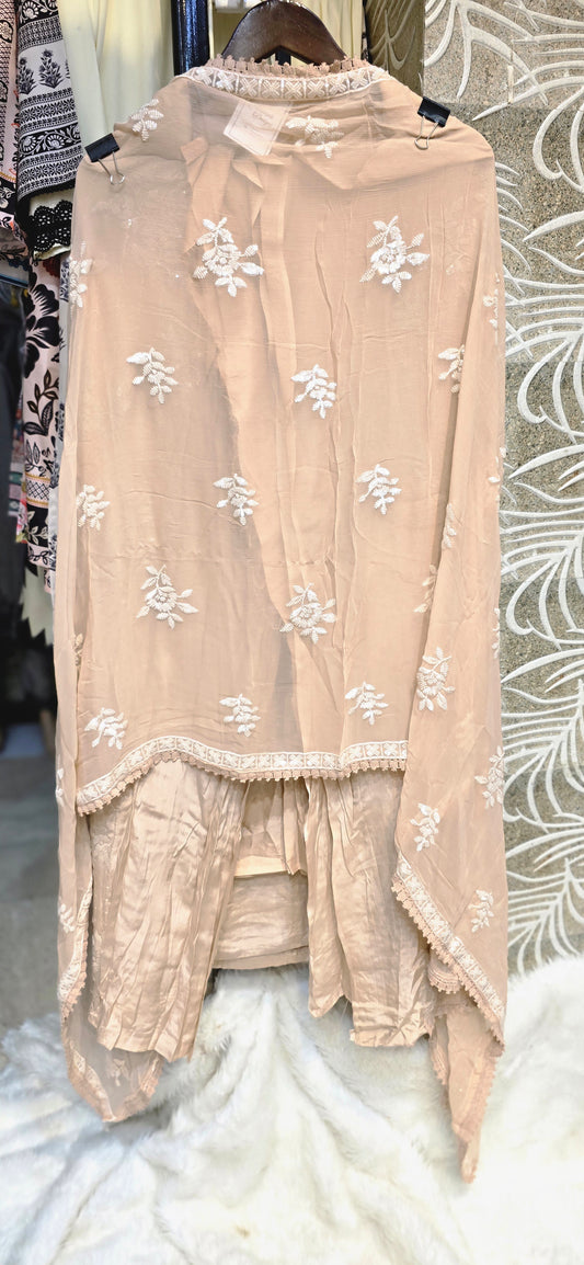 PEACH COLOR 3 PC UNSTITCHED DRESS WITH BEAUTIFUL INTRICATE EMBROIDERY WITH FULLY EMBROIDERED DUPATTA