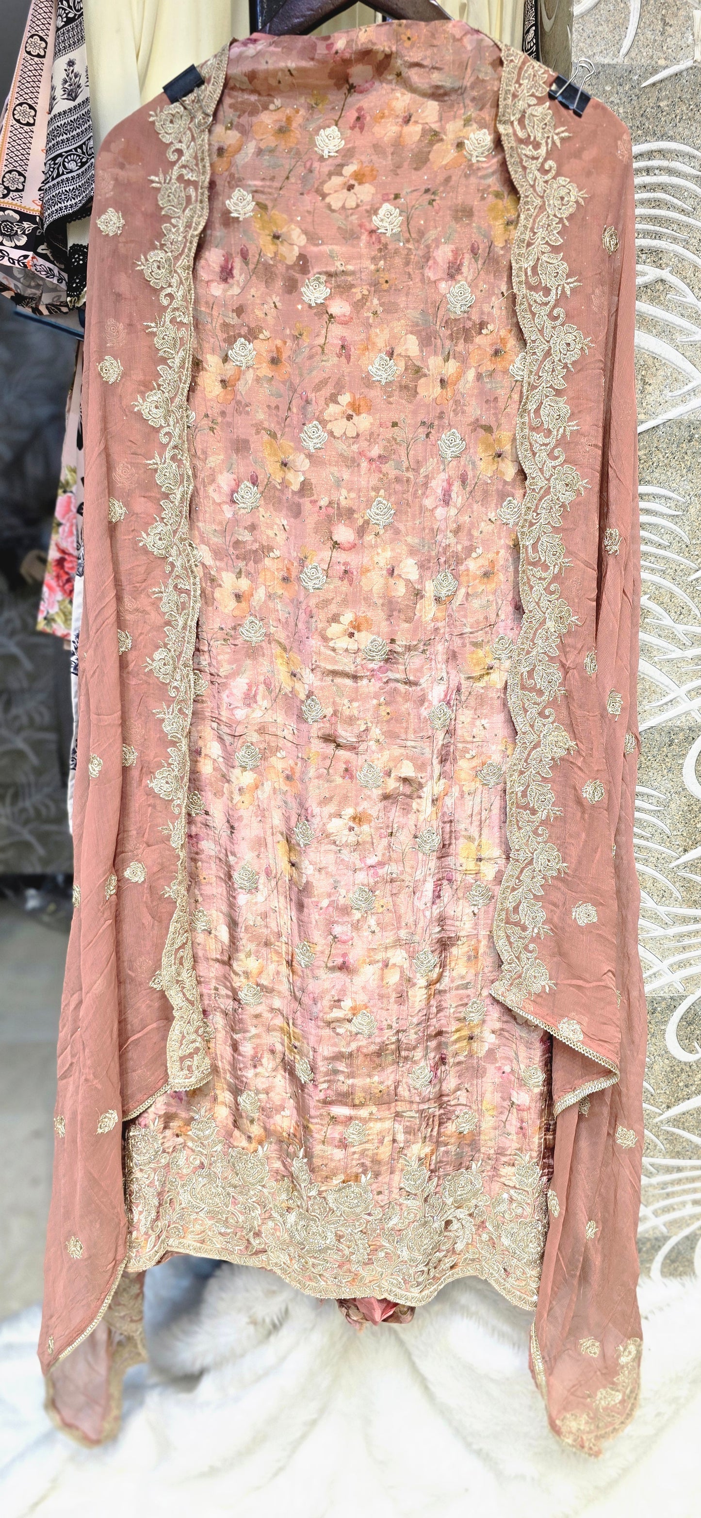 BEAUTIFUL SHADE 3 PC UNSTITCHED DRESS WITH HEAVY EMBROIDERY ON TOP AND DUPATTA