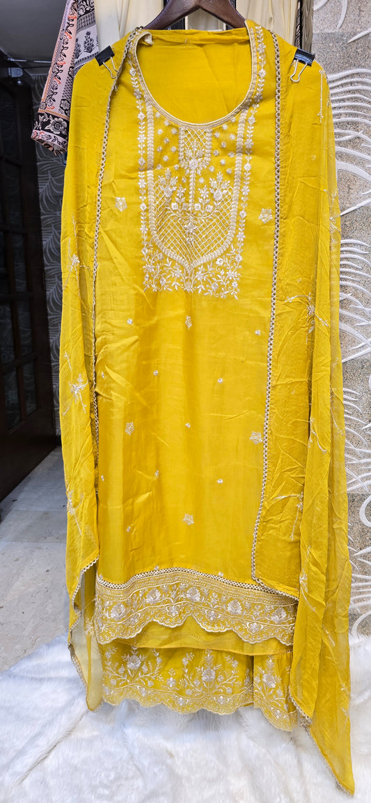 HALDI SPECIAL YELLOW 3 PC UNSTITCHED SET FULLY EMBROIDERED DRESS