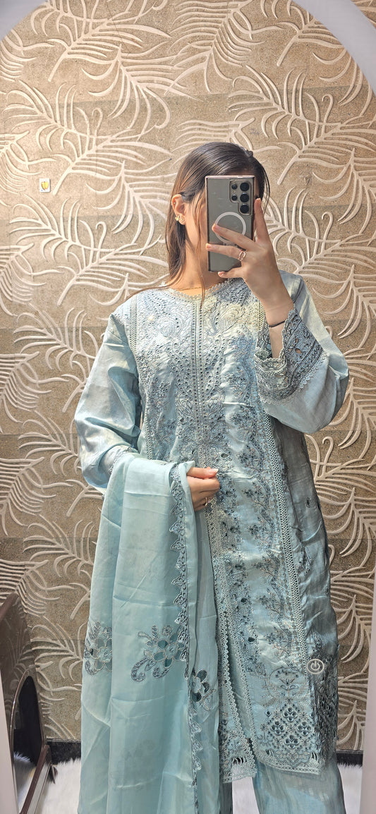 IMPORTED RAW SILK 3PC CUTWORK