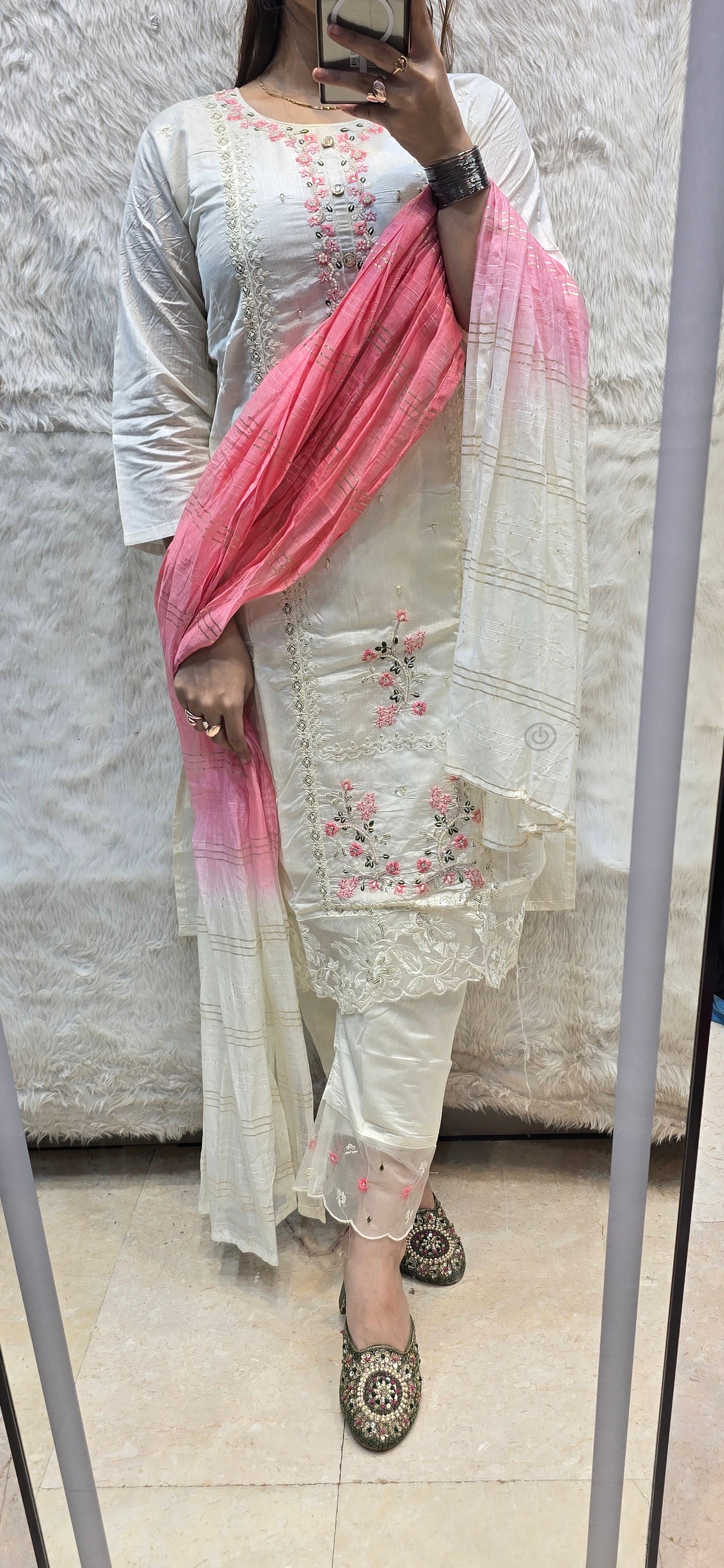 WHITE ELEGANT 3 PC SET WITH SHADED DUPATTA