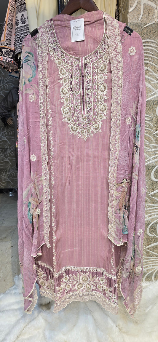 PINK COLOR 3 PC SEMI STITCHED DRESS WITH HEAVY EMBROIDERY ON TOP AND DUPATTA