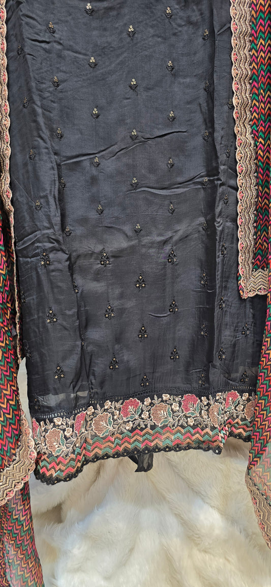 BLACK EMBROIDERED 3 PC UNSTITCHED SET WITH MULI COLOR DUPATTA