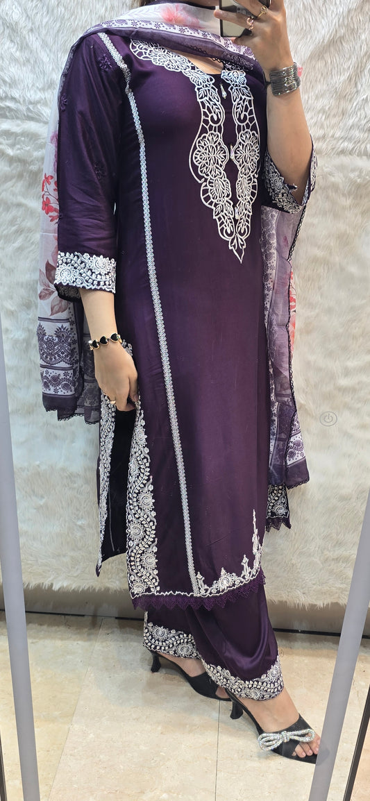 3 pc pure giza cotton embroidered set with dupatta