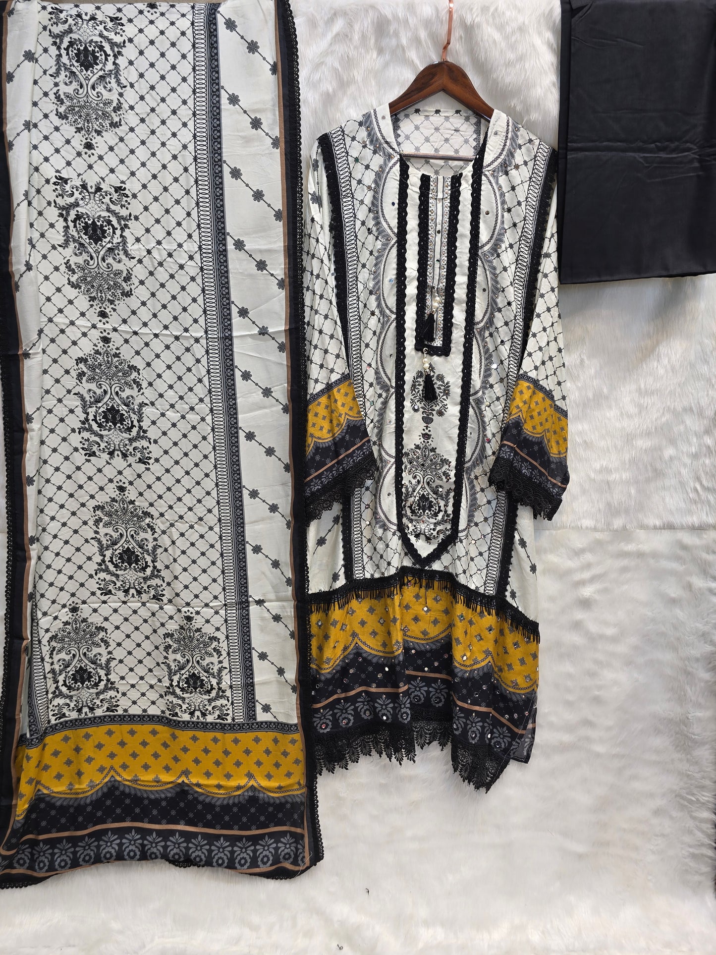 PURE MUZLIN 3 PC SET SEMI STITCHED WHITE AND BLACK WITH BEAUTIFUL LACE WORK AND MIRROR WORK
