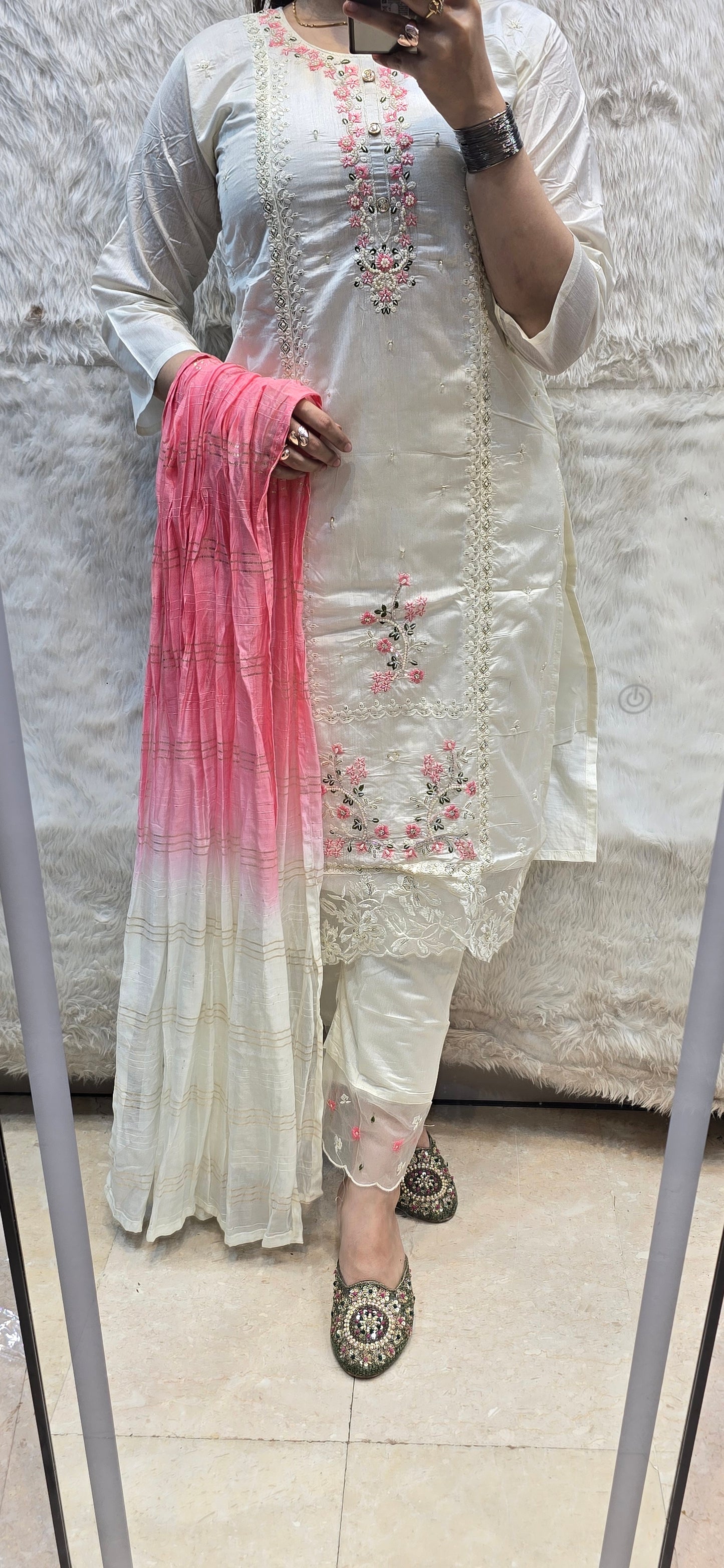 WHITE ELEGANT 3 PC SET WITH SHADED DUPATTA