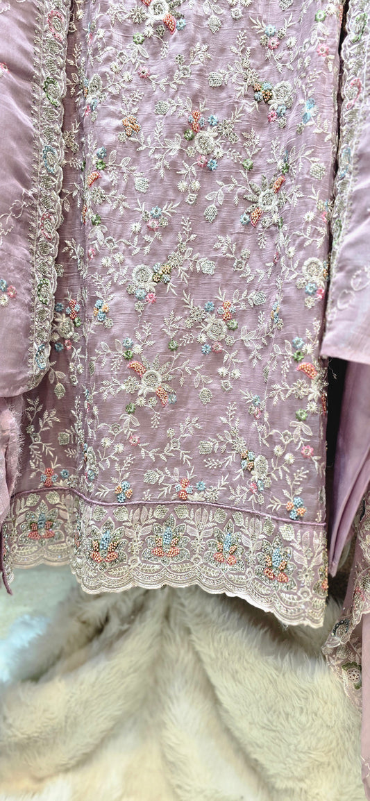 PURPLE 3 PC FULLY EMBROIDERED DRESS WITH HANDWORK DETAILS DRESS