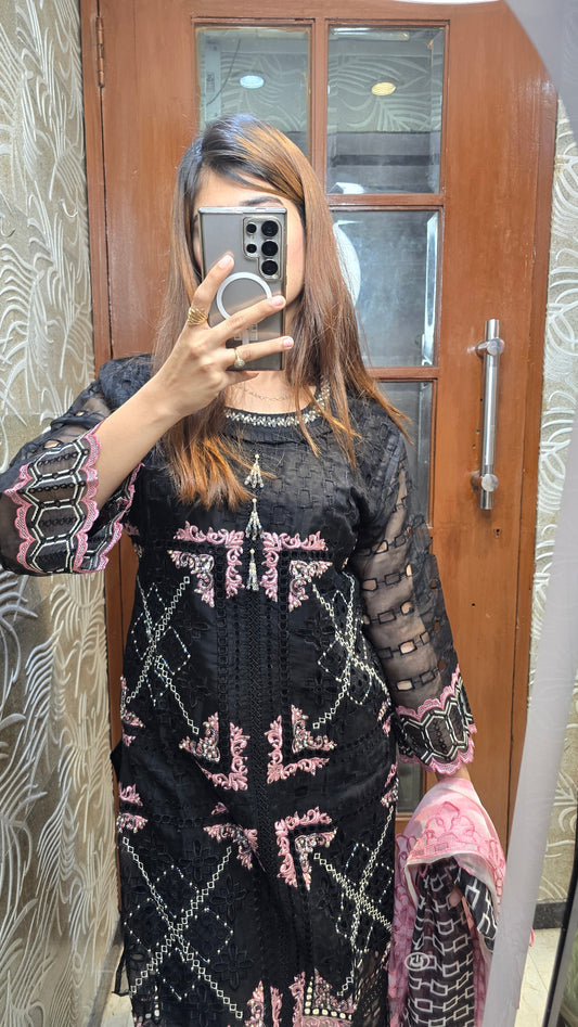Black and pink 3 pc ready to wear heavy party dress fully embroidered