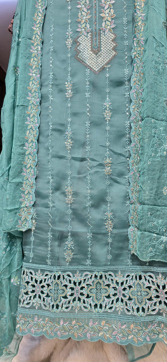 3 PC FULLY EMBROIDERED  TURQUOISE COLOR PURE VISCOSE SET WITH CHIFFON DUPATTA