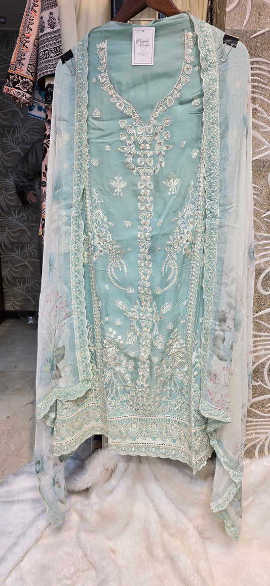 3 PC SEMI STITCHED FULLY EMBROIDERED DRESS WITH PURE PRINTED DUPATTA