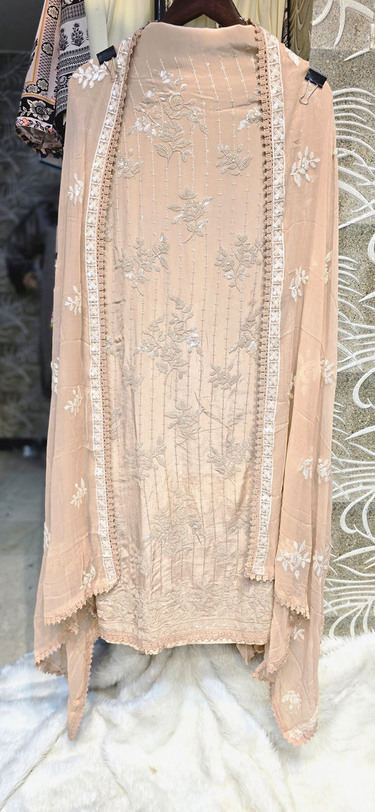 PEACH COLOR 3 PC UNSTITCHED DRESS WITH BEAUTIFUL INTRICATE EMBROIDERY WITH FULLY EMBROIDERED DUPATTA