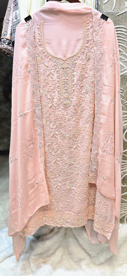 PINK HEAVILY EMBROIDERED 3 PC UNSTITCHED DRESS WITH HEAVY WORK ON DUPATTA