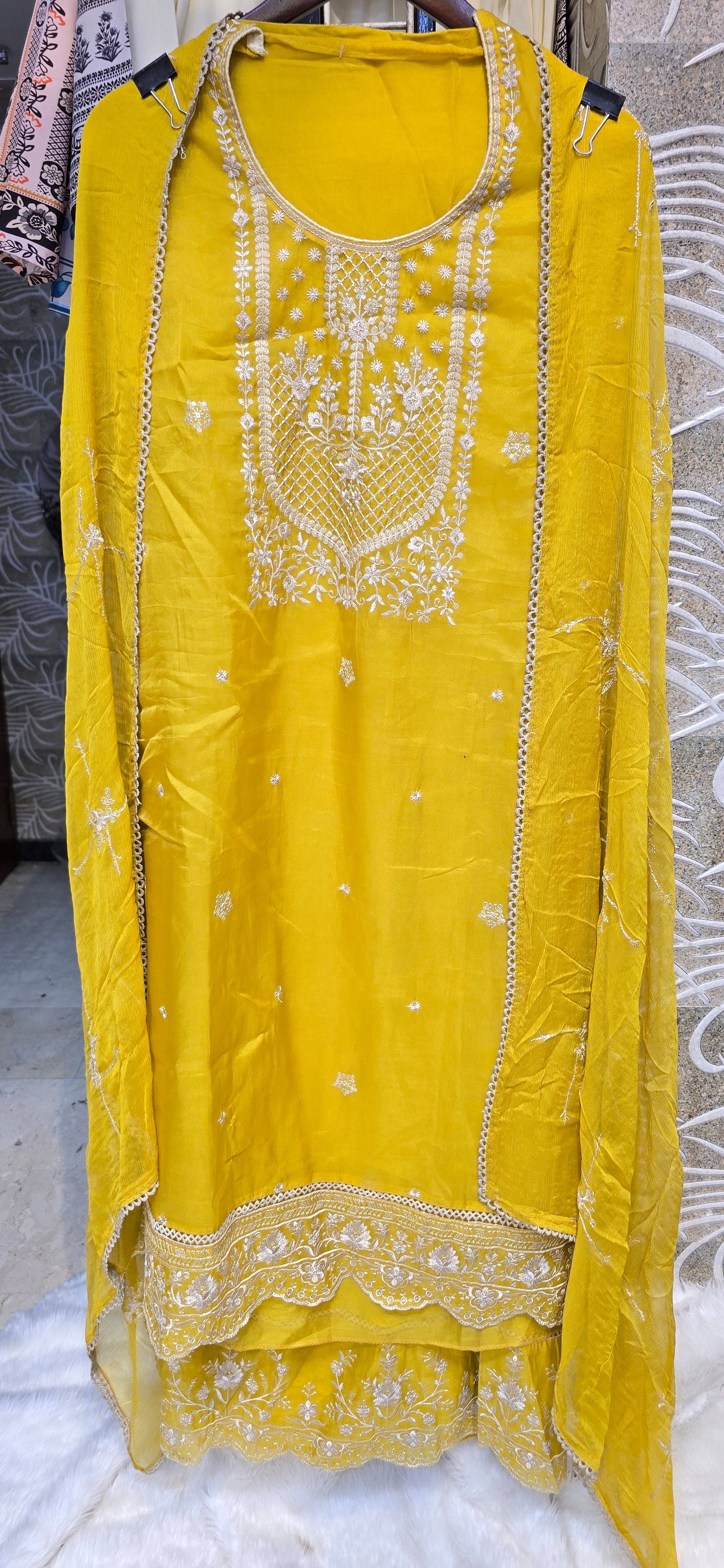 HALDI SPECIAL YELLOW 3 PC UNSTITCHED SET FULLY EMBROIDERED DRESS