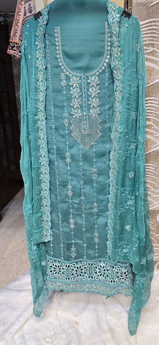3 PC FULLY EMBROIDERED  TURQUOISE COLOR PURE VISCOSE SET WITH CHIFFON DUPATTA