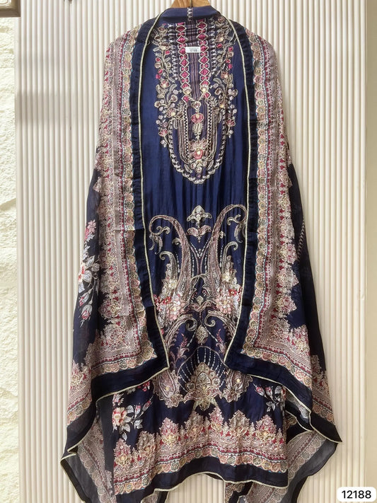 Midnight Sapphire Pure Muslin Unstitched 3-Piece Set with Ornate Digital Prints | Aminah Designs - Aminah Designs