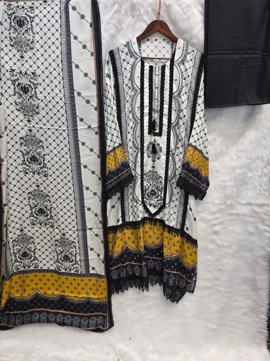 PURE MUZLIN 3 PC SET SEMI STITCHED WHITE AND BLACK WITH BEAUTIFUL LACE WORK AND MIRROR WORK