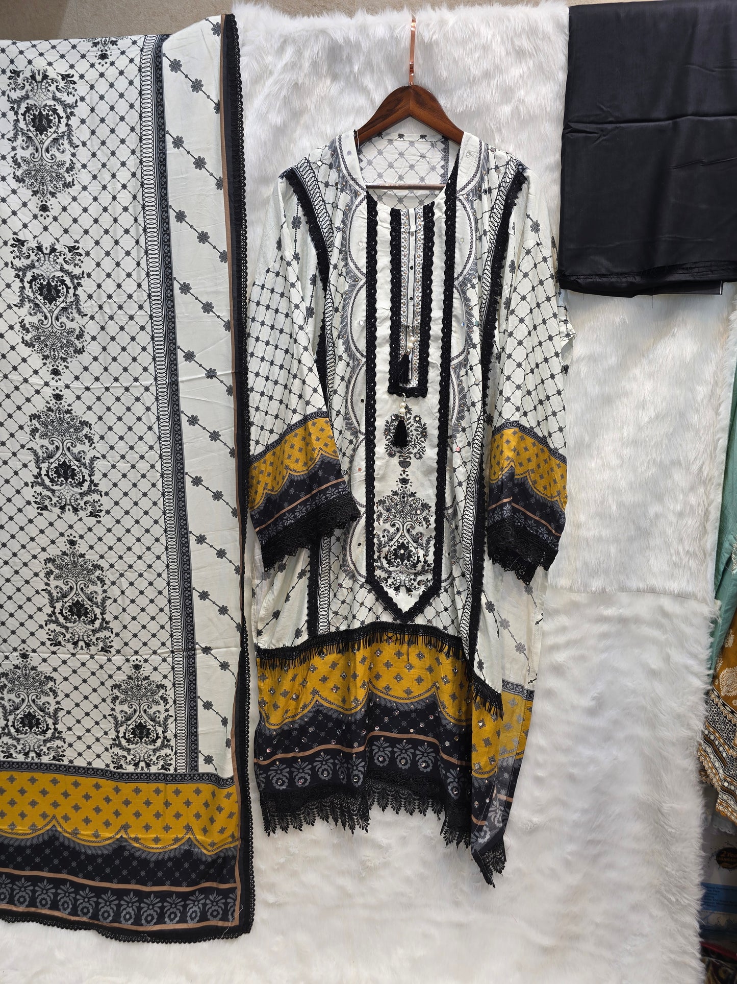PURE MUZLIN 3 PC SET SEMI STITCHED WHITE AND BLACK WITH BEAUTIFUL LACE WORK AND MIRROR WORK