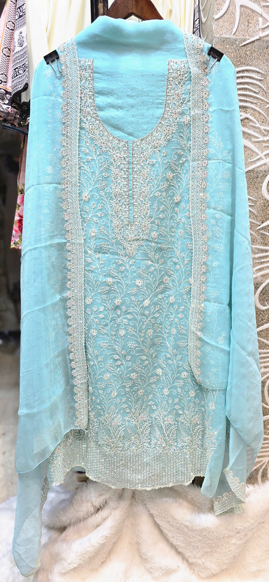 BLUE 3 PC UNSTITCHED HEAVY EMBROIDERY DRESS WITH HEAVY DUPATTA