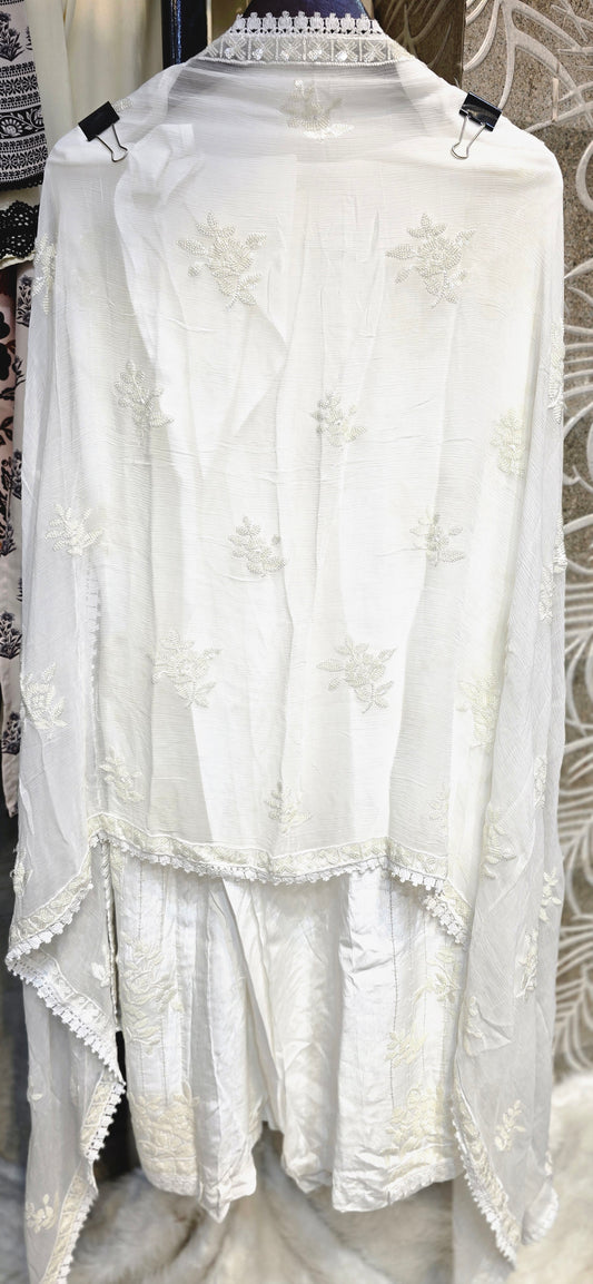 PURE WHITE 3 PC UNSTITCHED SET WITH HEAVY EMBROIDERY DRESS