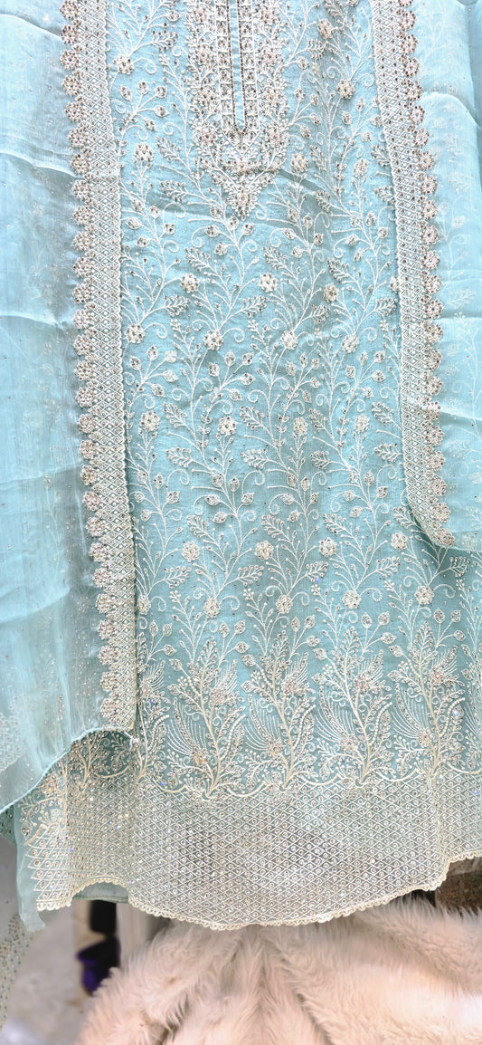 BLUE 3 PC UNSTITCHED HEAVY EMBROIDERY DRESS WITH HEAVY DUPATTA