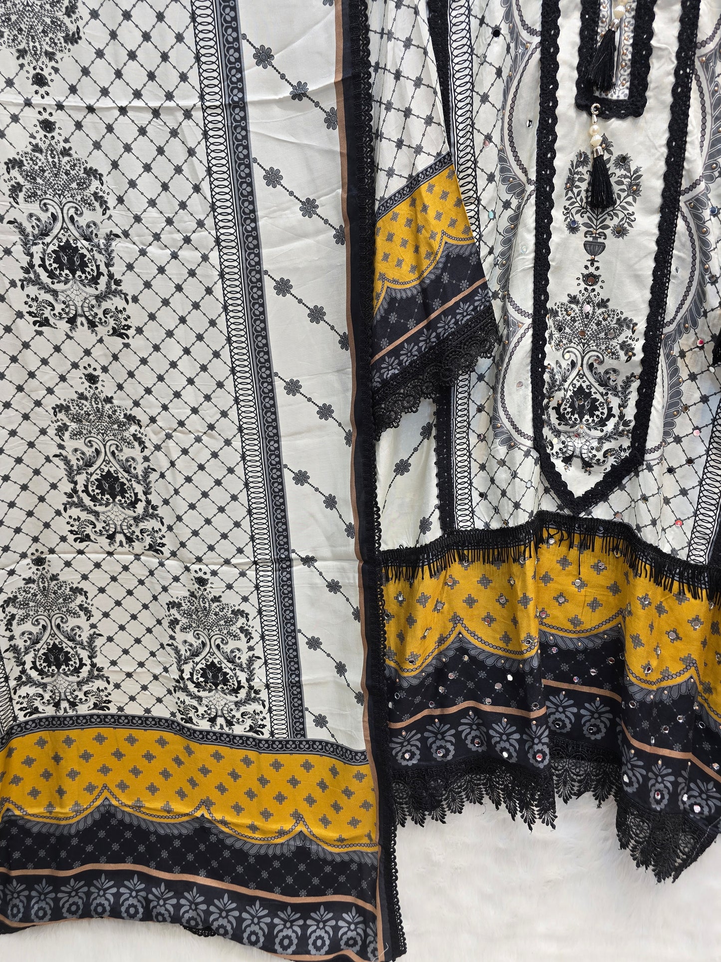 PURE MUZLIN 3 PC SET SEMI STITCHED WHITE AND BLACK WITH BEAUTIFUL LACE WORK AND MIRROR WORK