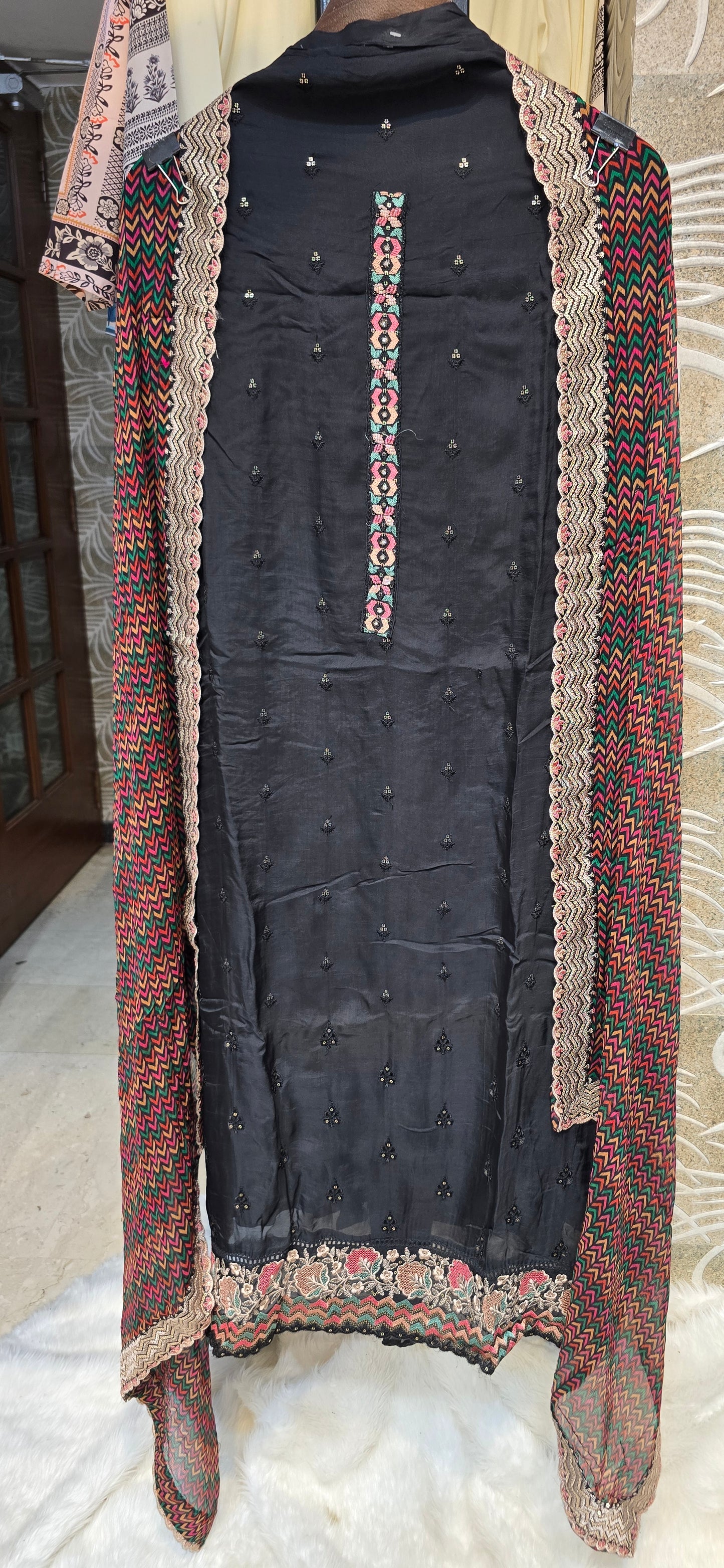 BLACK EMBROIDERED 3 PC UNSTITCHED SET WITH MULI COLOR DUPATTA