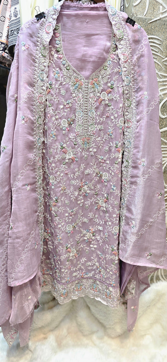 PURPLE 3 PC FULLY EMBROIDERED DRESS WITH HANDWORK DETAILS DRESS