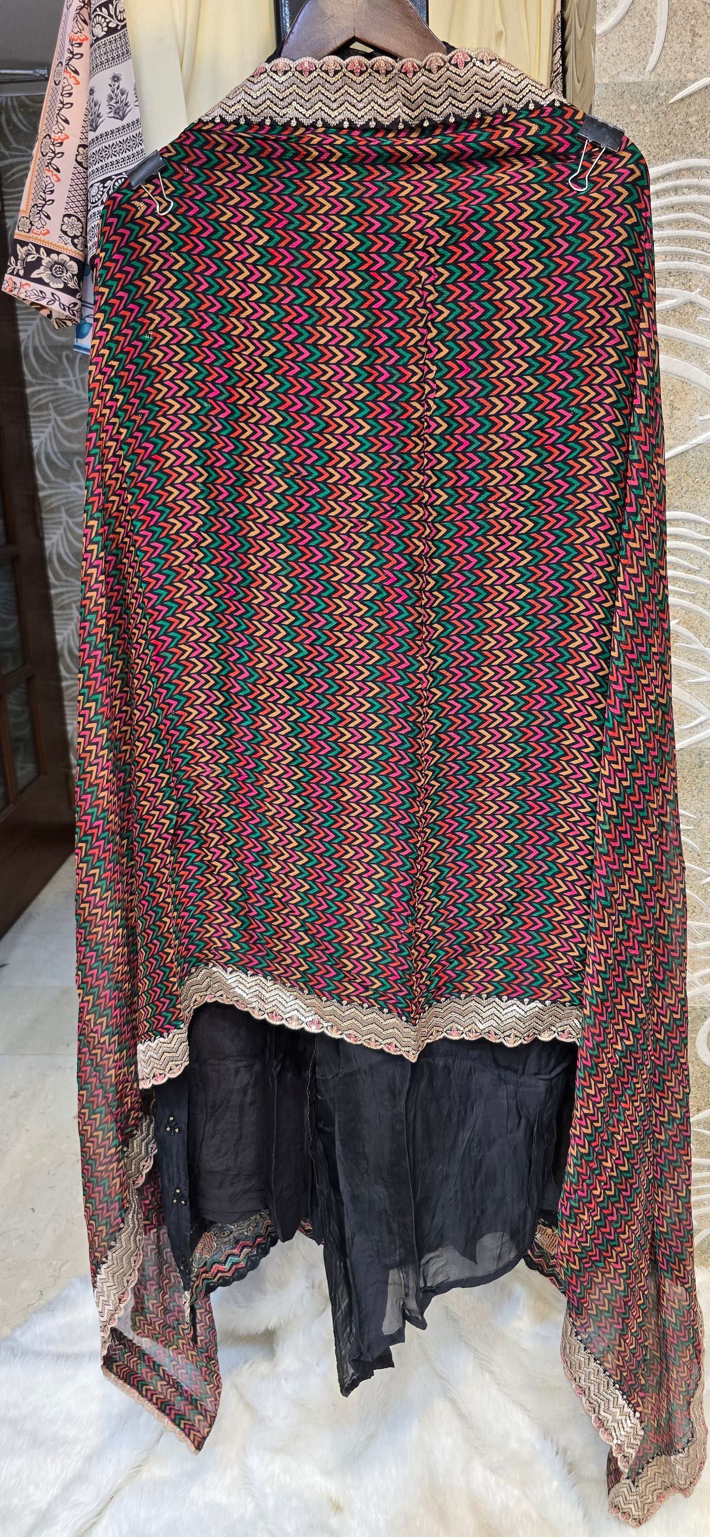 BLACK EMBROIDERED 3 PC UNSTITCHED SET WITH MULI COLOR DUPATTA
