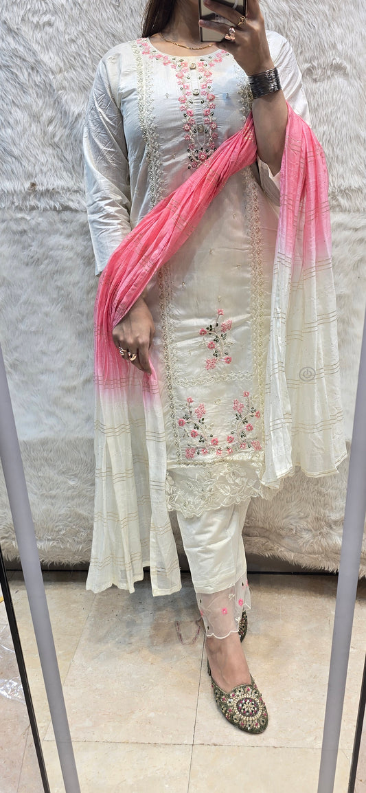 WHITE ELEGANT 3 PC SET WITH SHADED DUPATTA