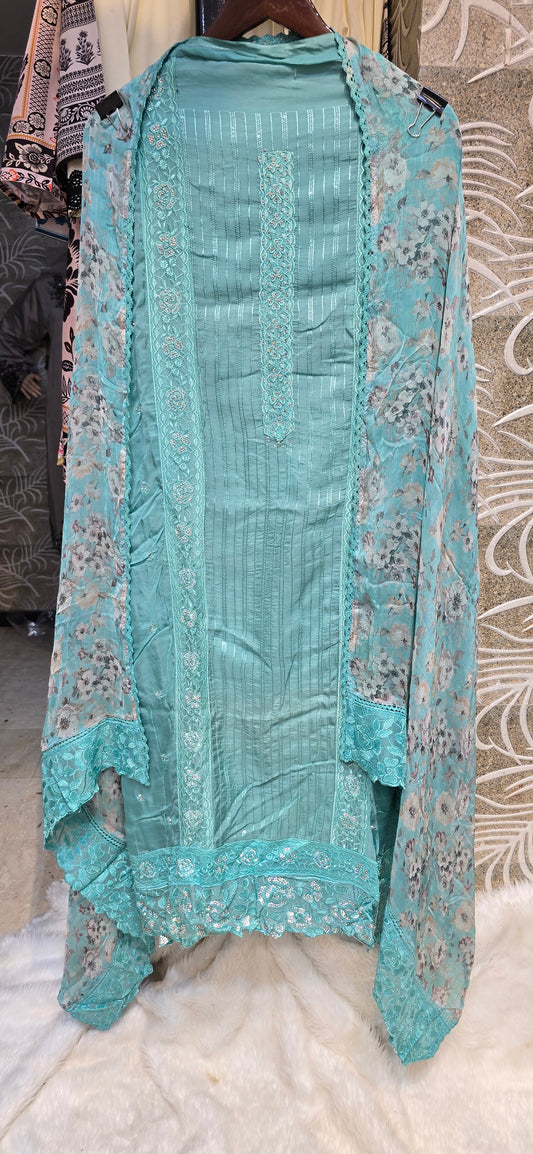 BLUE COLOR 3 PC FULLY EMBROIDERED DRESS UNSTITCH WITH BEAUTIFUL PRINTED DUPATTA