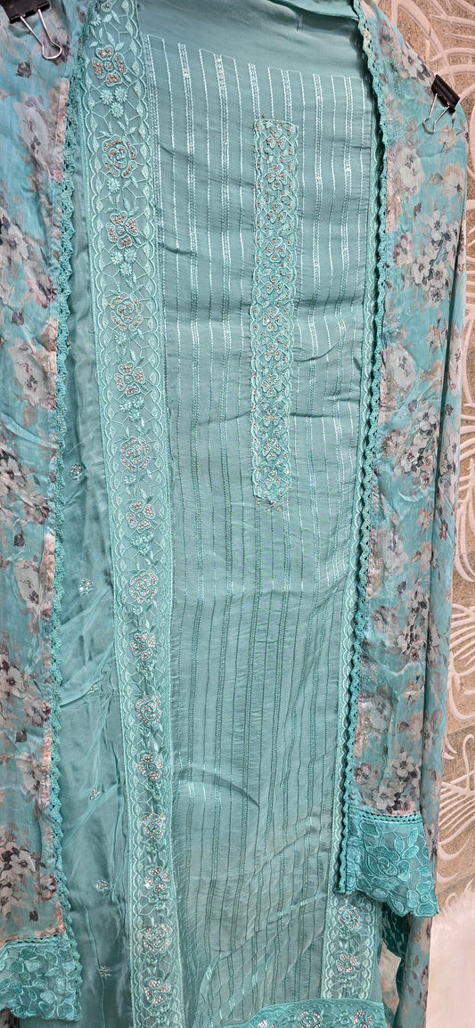 BLUE COLOR 3 PC FULLY EMBROIDERED DRESS UNSTITCH WITH BEAUTIFUL PRINTED DUPATTA