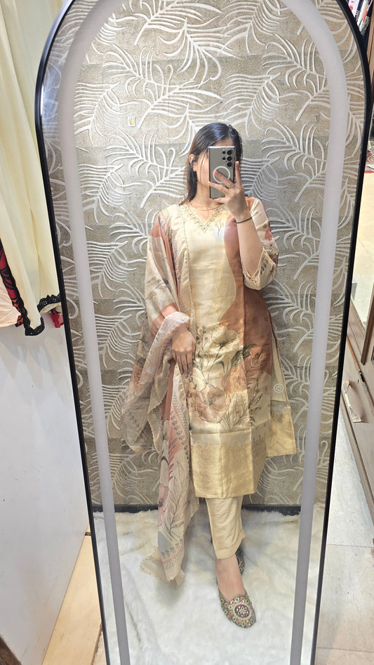 Semi-party wear 3PC in golden with pure handwork.