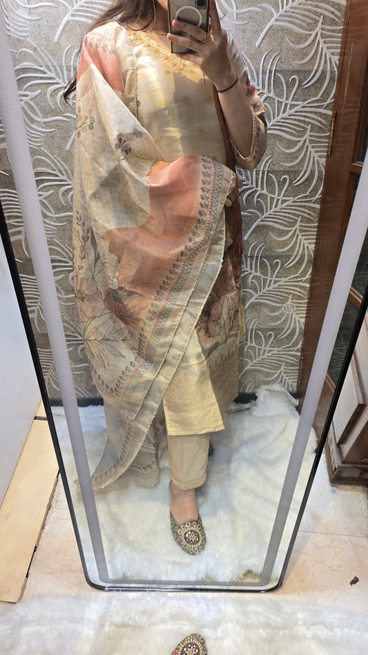 Semi-party wear 3PC in golden with pure handwork.