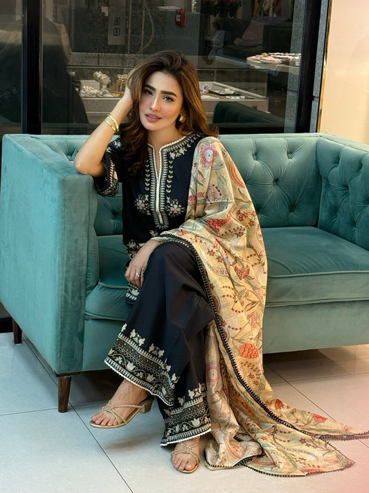 BLACK ELEGANCE 3 pc turkish cord set with soft organza dupatta
