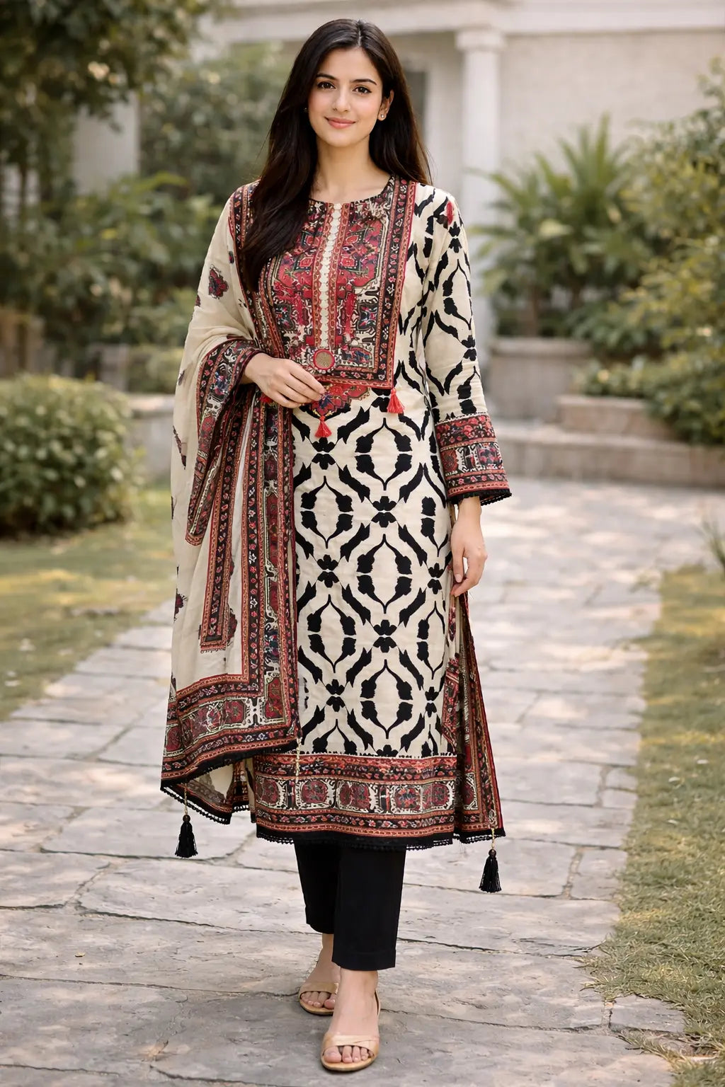 Ivory Noir Muslin Set Unstitched 3-Piece Set   Aminah Designs